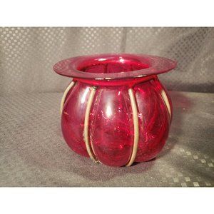 Wrought Iron and Ruby Red Hand Blown Glass Candle Holder